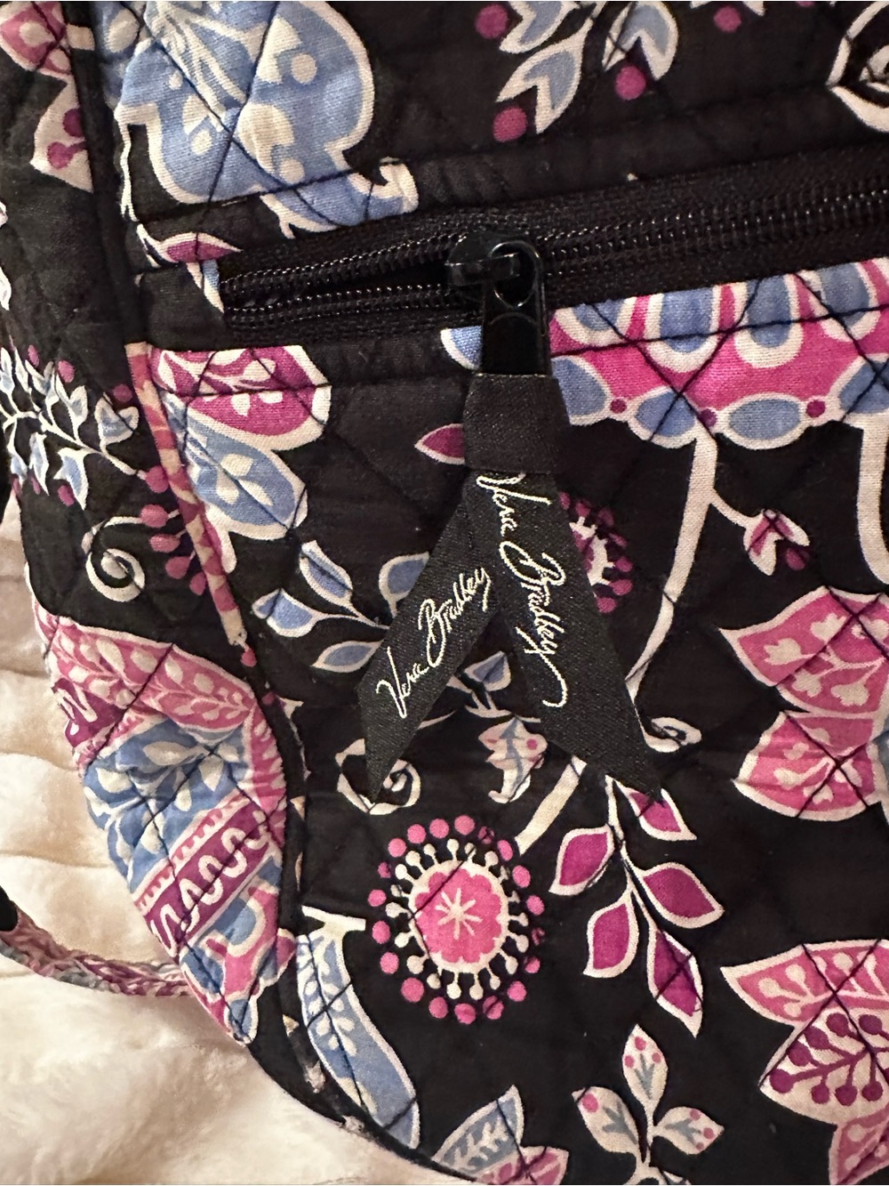 Vera Bradley Black Quilted Shoulder Bag with Pink & Blue Floral Motif
